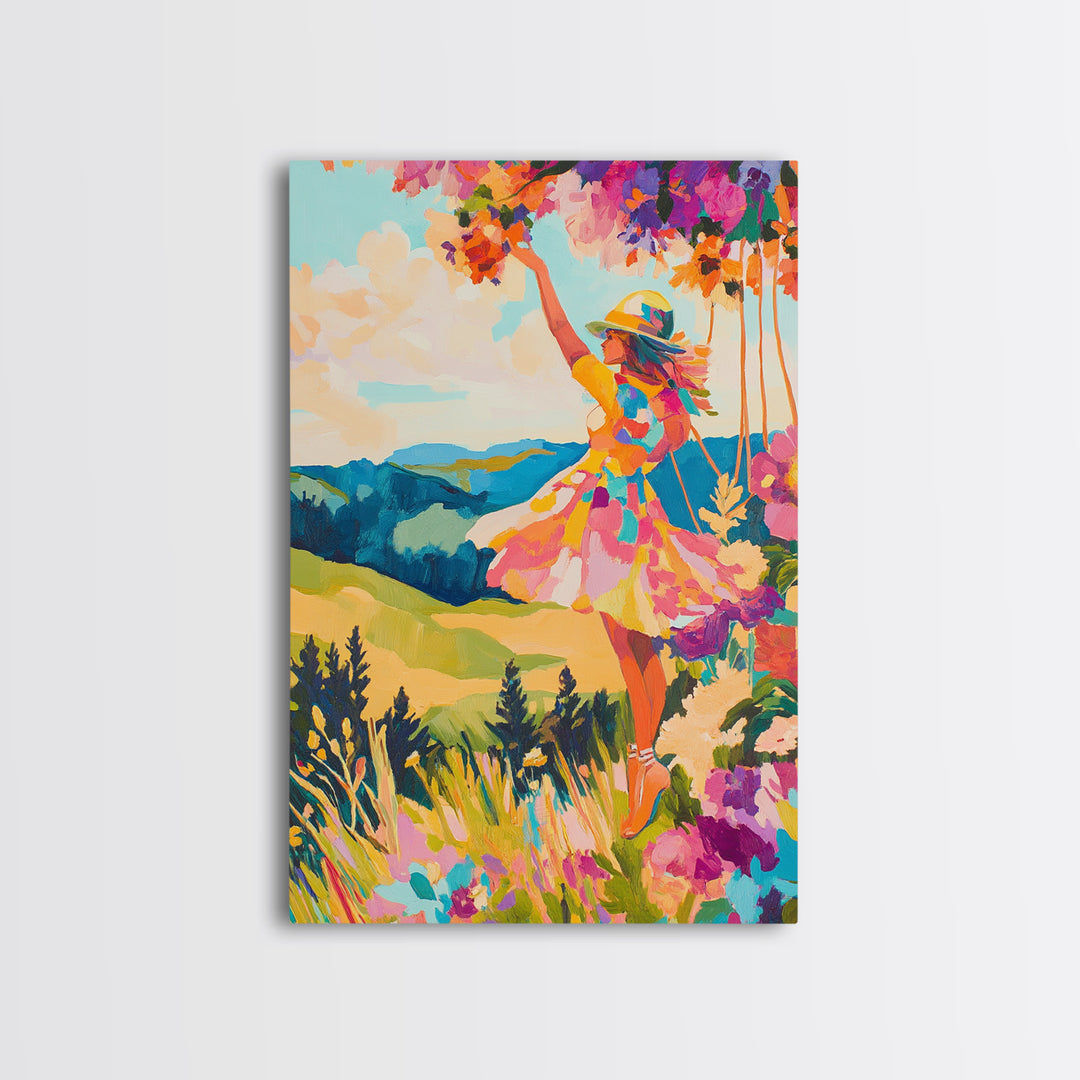 Joyful Woman In Mountain Flower Meadow Framed Canvas Print, Colorful Wall Art, Feminine Art, Landscape Art, Gift For Her