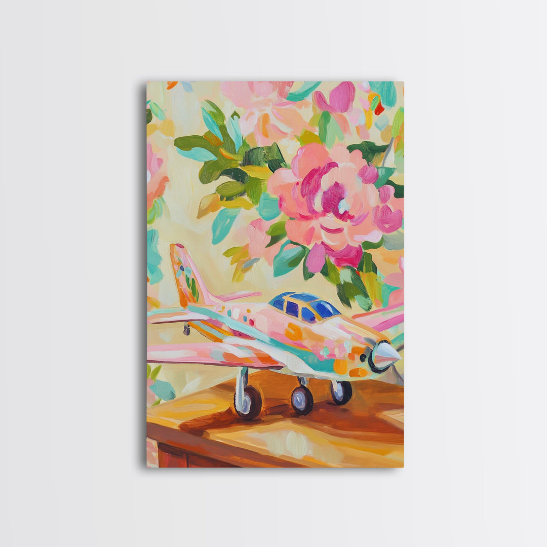 Pink Floral Toy Airplane Canvas Print, Whimsical Aviation Nursery Decor, Kids Room Wall Art, Bright Baby Girl Room Gift Idea