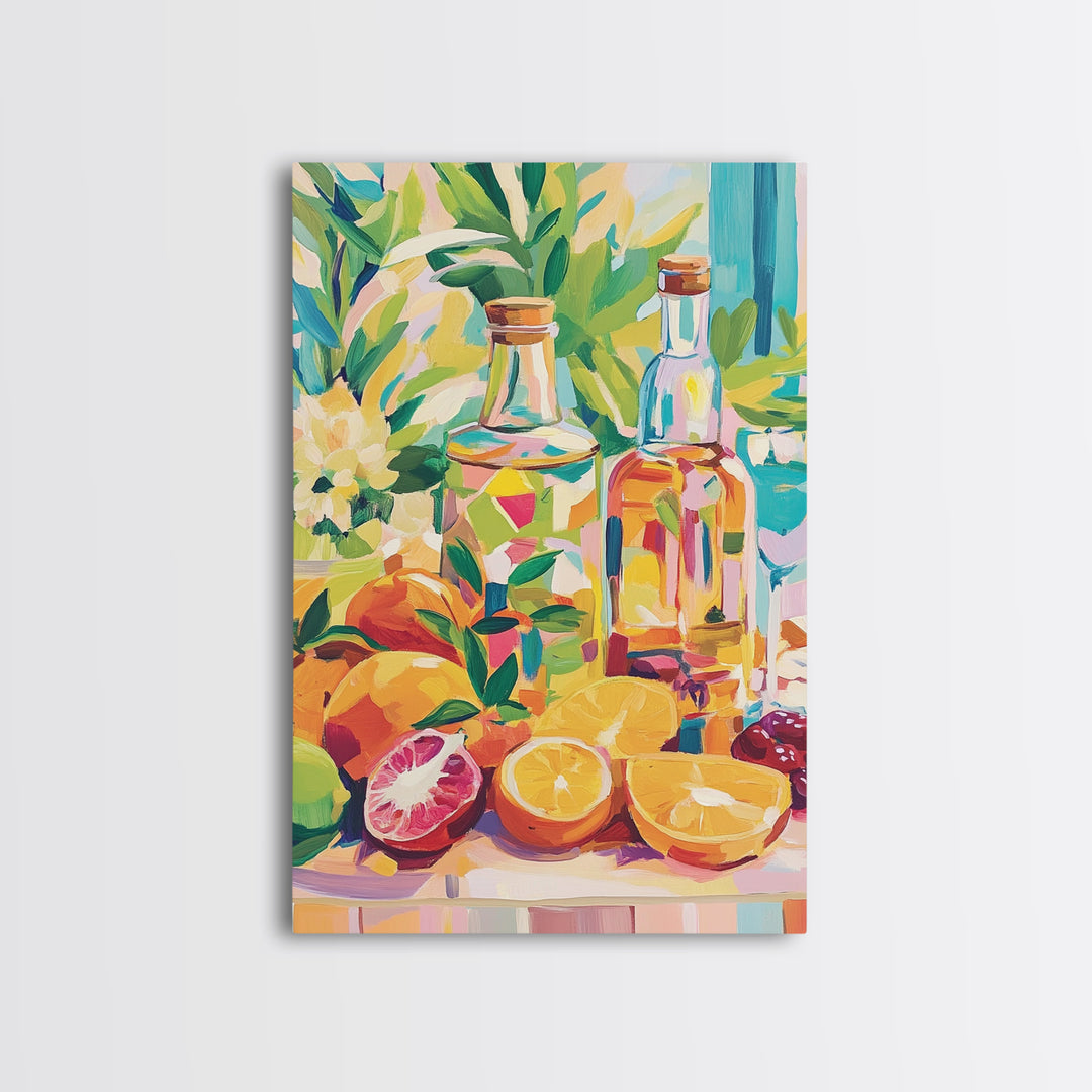 Sunlit Citrus Bottles And Tropical Fruit Canvas Print, Coastal Kitchen Wall Art, Colorful Still Life Dining Room Decor Gift