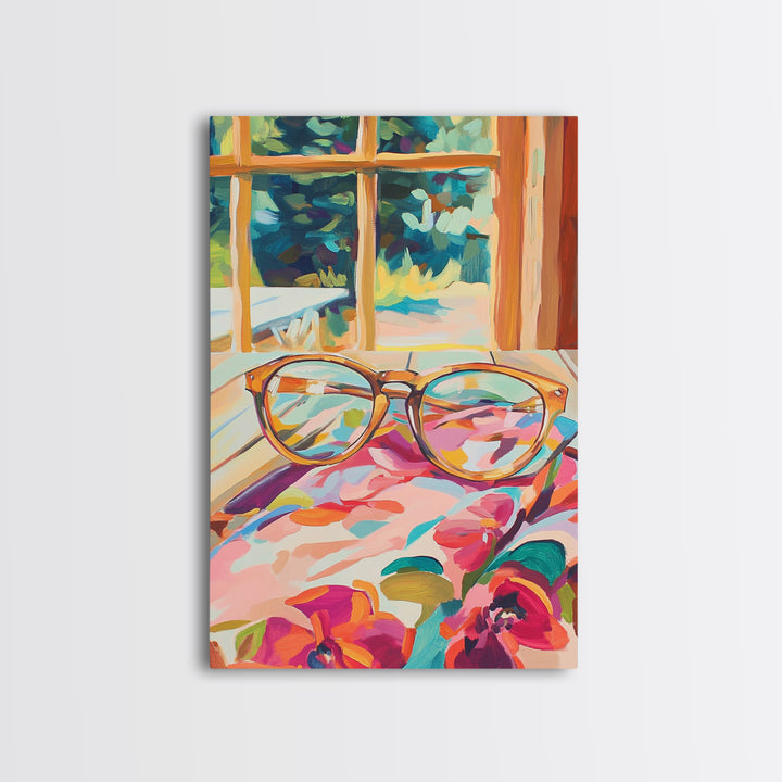 Tortoise Glasses On Floral Fabric Wall Art, Cozy Reading Nook Canvas Print, Book Lover Decor, Feminine Home Decor, Gift For Her