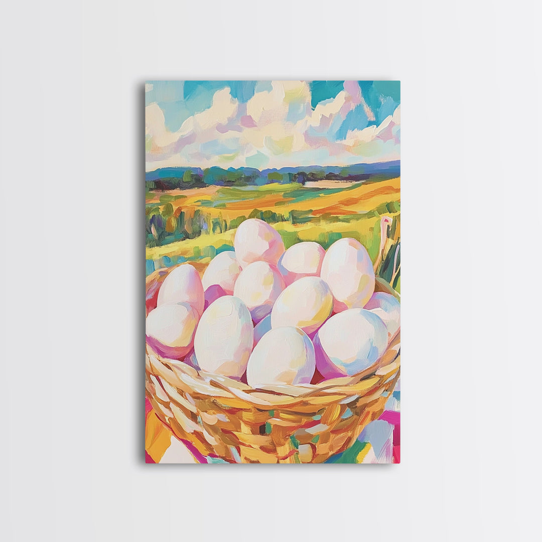 Farm Fresh Eggs In Wicker Basket Wall Art, Country Landscape Canvas Print, Rustic Farmhouse Kitchen Decor, Housewarming Gift