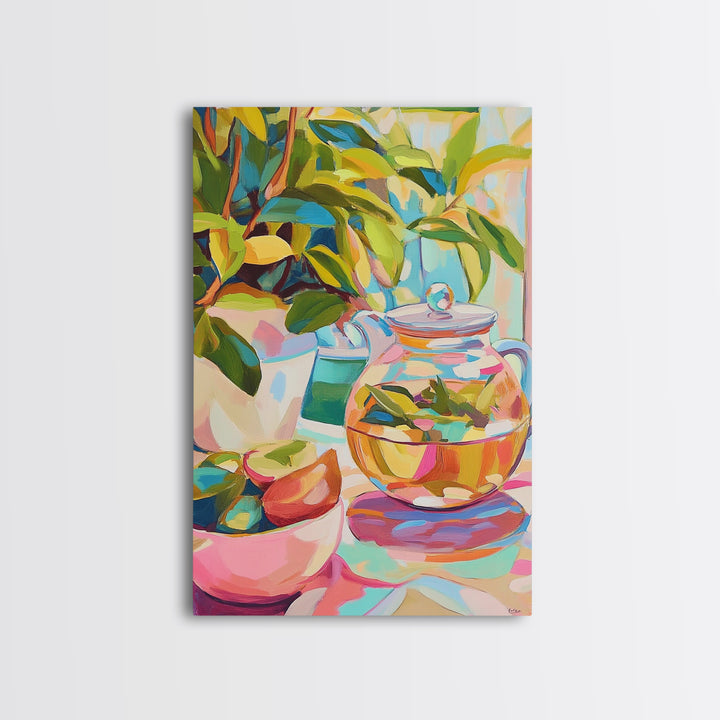 Sunlit Glass Tea Jar With Plants Canvas Print, Botanical Kitchen Wall Art, Colorful Home Decor, Still Life Art Print, Gift