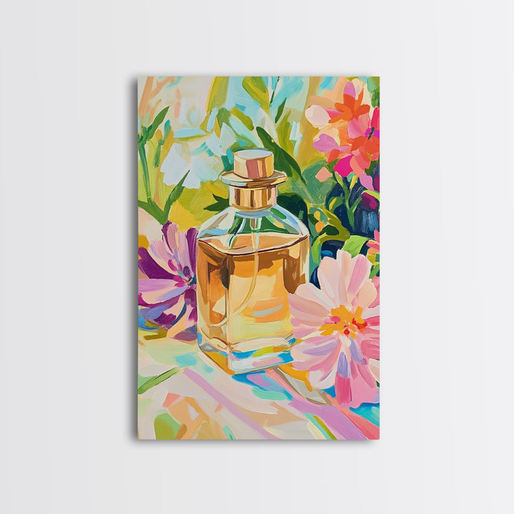Golden Perfume Bottle With Pink Flowers Framed Canvas Print, Feminine Wall Art, Bathroom Decor, Floral Home Decor, Gift For Her