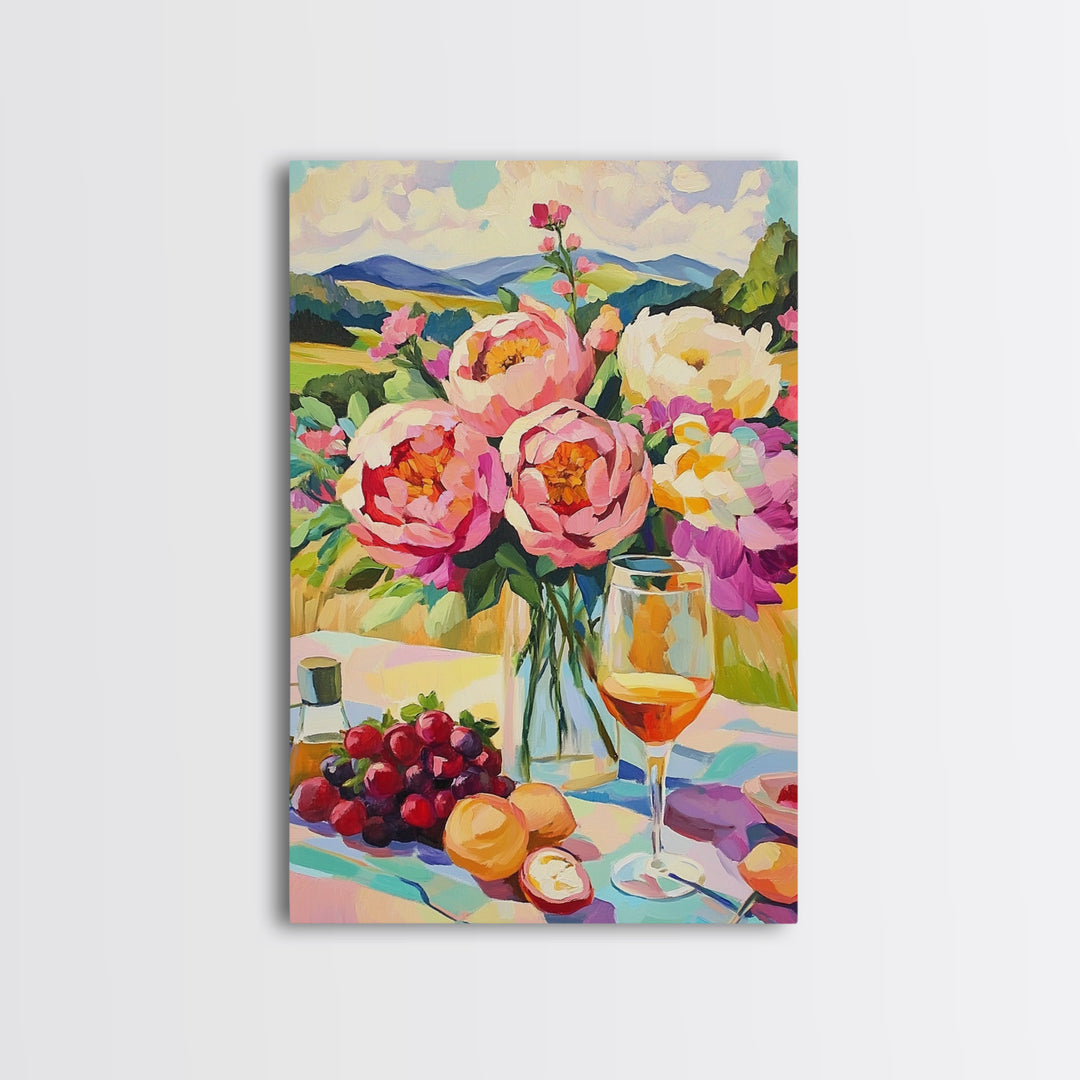 Pink Peony Bouquet With Wine And Grapes Canvas Print, French Country Kitchen Decor, Floral Wall Art, Housewarming Gift For Her