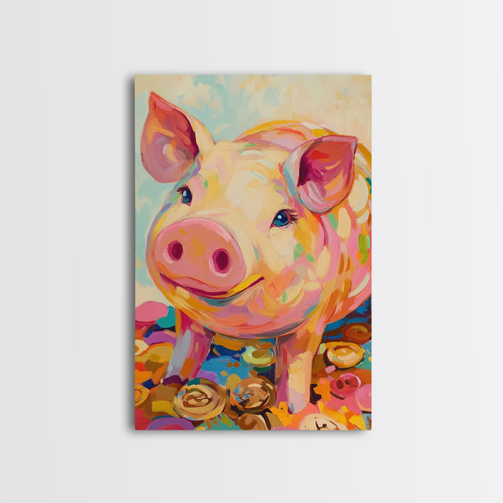 Smiling Pink Pig With Golden Coins Canvas Print, Cute Farm Animal Wall Art, Playful Nursery Decor, Whimsical Gift For Kids