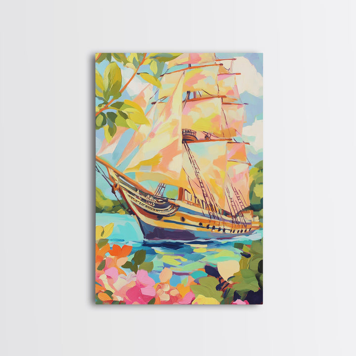 Tall Ship In Blooming Harbor Canvas Print, Nautical Sailboat Painting, Coastal Wall Art, Beach House Decor Gift For Her Home