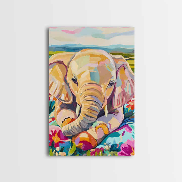 Baby Elephant With Flowers Canvas Print, Whimsical Animal Wall Art, Nursery Decor, Safari Nursery Art, Kids Room Decor, Gift