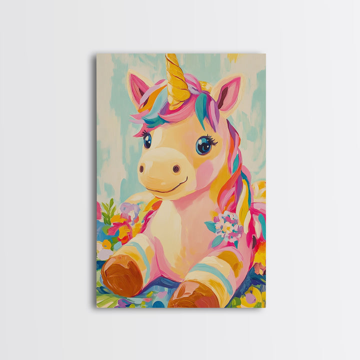 Cute Unicorn With Rainbow Mane Canvas Print, Whimsical Nursery Wall Art, Kids Room Decor, Baby Girl Nursery, Gift For Her