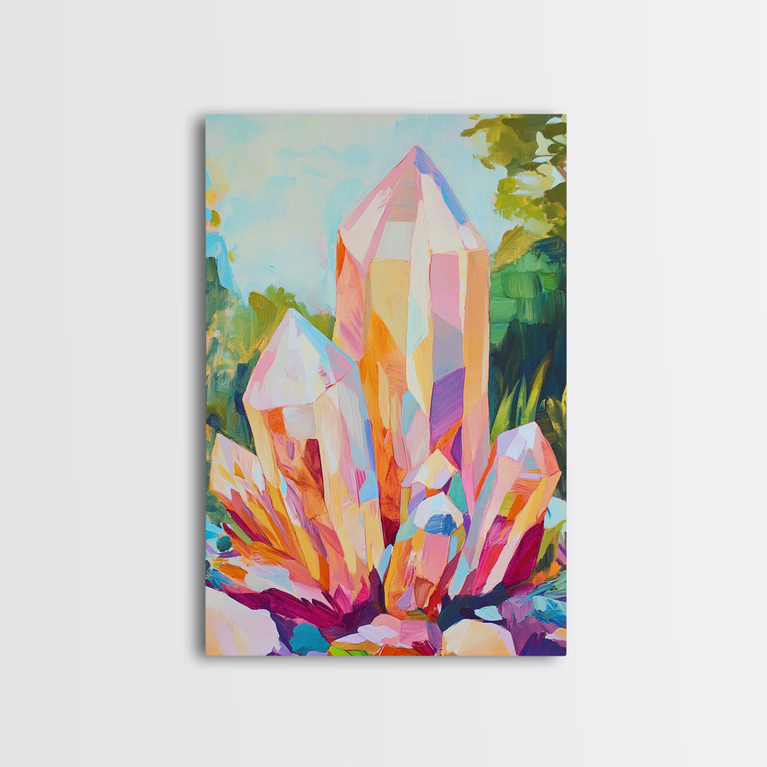 Pastel Crystal Cluster Framed Canvas Print, Celestial Wall Art, Mystical Home Decor, Spiritual Gift, Colorful Art Prints