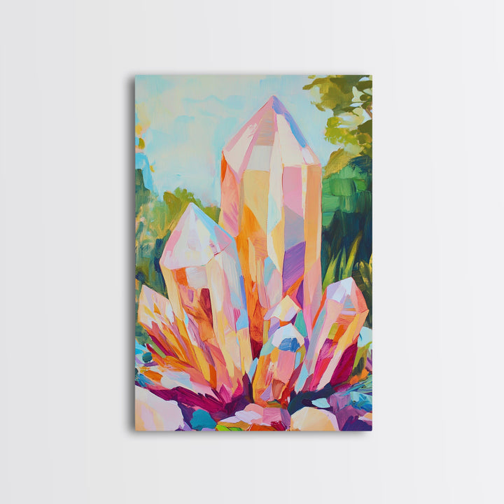 Pastel Crystal Cluster Framed Canvas Print, Celestial Wall Art, Mystical Home Decor, Spiritual Gift, Colorful Art Prints