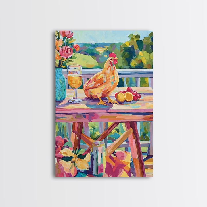 Sunny Chicken Patio Still Life Framed Canvas Print, Farmhouse Kitchen Wall Art, Country Decor, Wine And Fruit Housewarming Gift