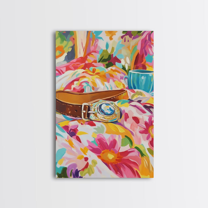 Gold Watch On Floral Bedding Canvas Print, Fashion Wall Art, Girly Bedroom Decor, Coquette Room Decor, Stylish Gift For Her