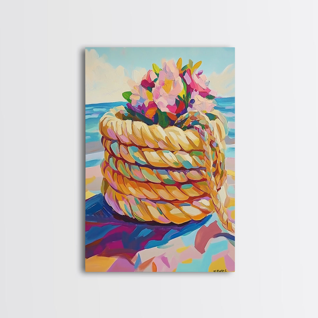Rope Basket With Pink Beach Flowers Canvas Print, Coastal Wall Art, Beach House Decor, Tropical Ocean Living Room Decor Print