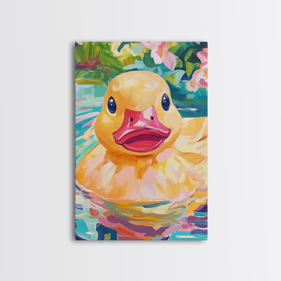 Smiling Yellow Duck In Garden Pond Wall Art, Whimsical Animal Art, Cute Bathroom Decor, Nursery Wall Art Print, Gift For Her