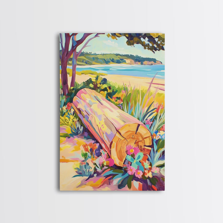 Sunlit Driftwood Log On Beach Wall Art, Coastal Landscape Canvas Print, Ocean Wall Decor, Beach House Art, Nature Wall Art