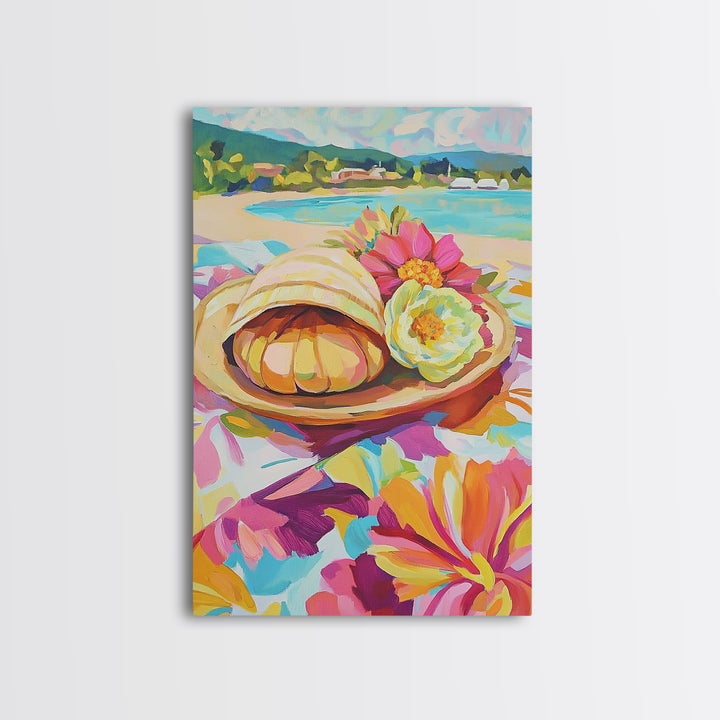 Scallop Shell And Pink Flowers By Turquoise Bay Canvas Print, Coastal Wall Art, Beach House Decor, Summer Kitchen Art, Gift For Her