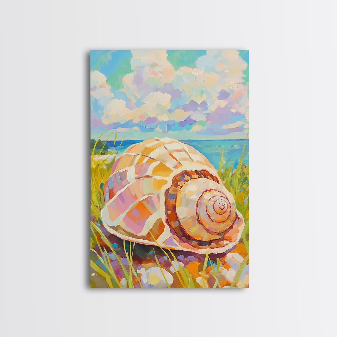 Pastel Conch Shell In Dune Grass Canvas Print, Coastal Wall Art, Beach House Decor, Ocean Wall Art, Summer Home Decor, Gift For Her