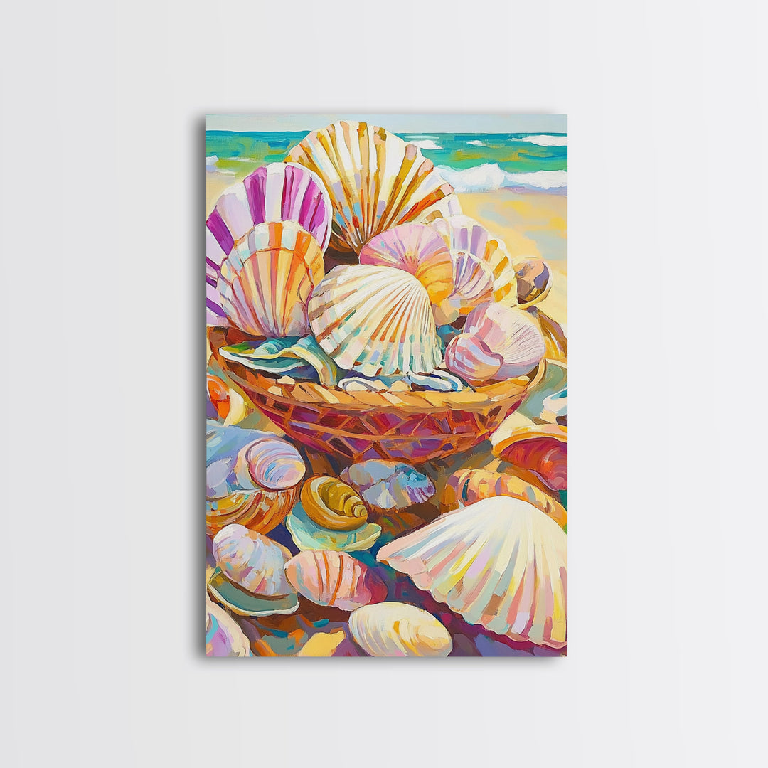 Basket Of Pastel Seashells On Beach Wall Art, Coastal Wall Decor, Beach House Decor, Ocean Art Print, Nautical Home Decor