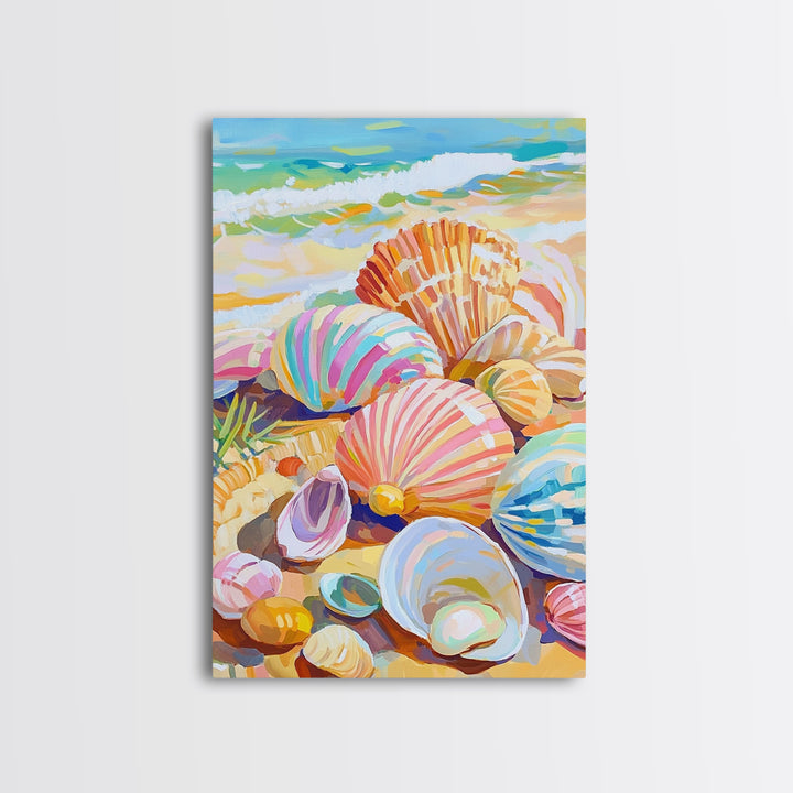 Pastel Seashells Scattered On Sunny Beach Framed Canvas Print, Coastal Wall Art, Ocean Wall Decor, Beach House Gift For Her