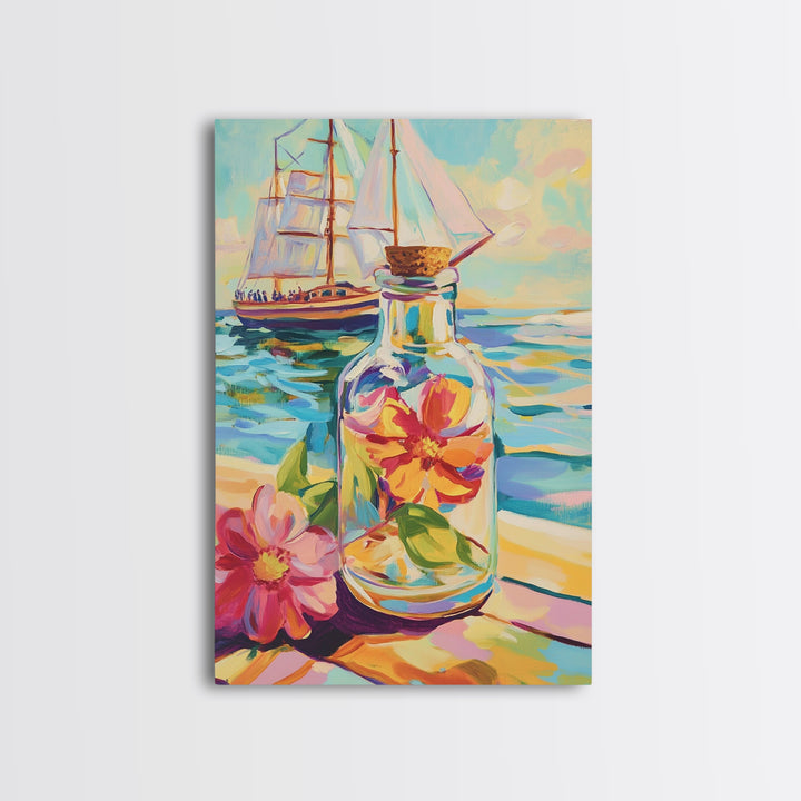Sailboat And Flower In Glass Bottle Canvas Print, Nautical Wall Art, Coastal Wall Decor, Ocean Art, Beach House Decor, Gift For Her