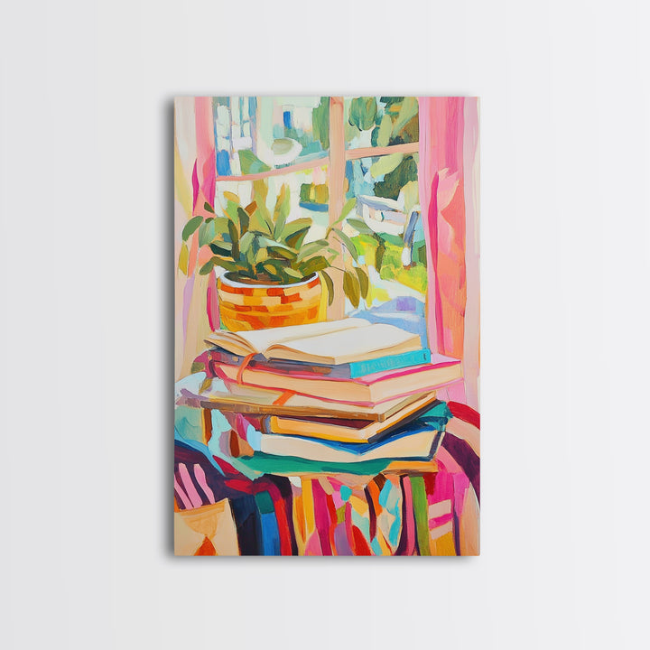 Stacked Books And Window Plant Wall Art, Cozy Reading Nook Decor, Book Lover Gift, Library Wall Art, Home Office Decor Print