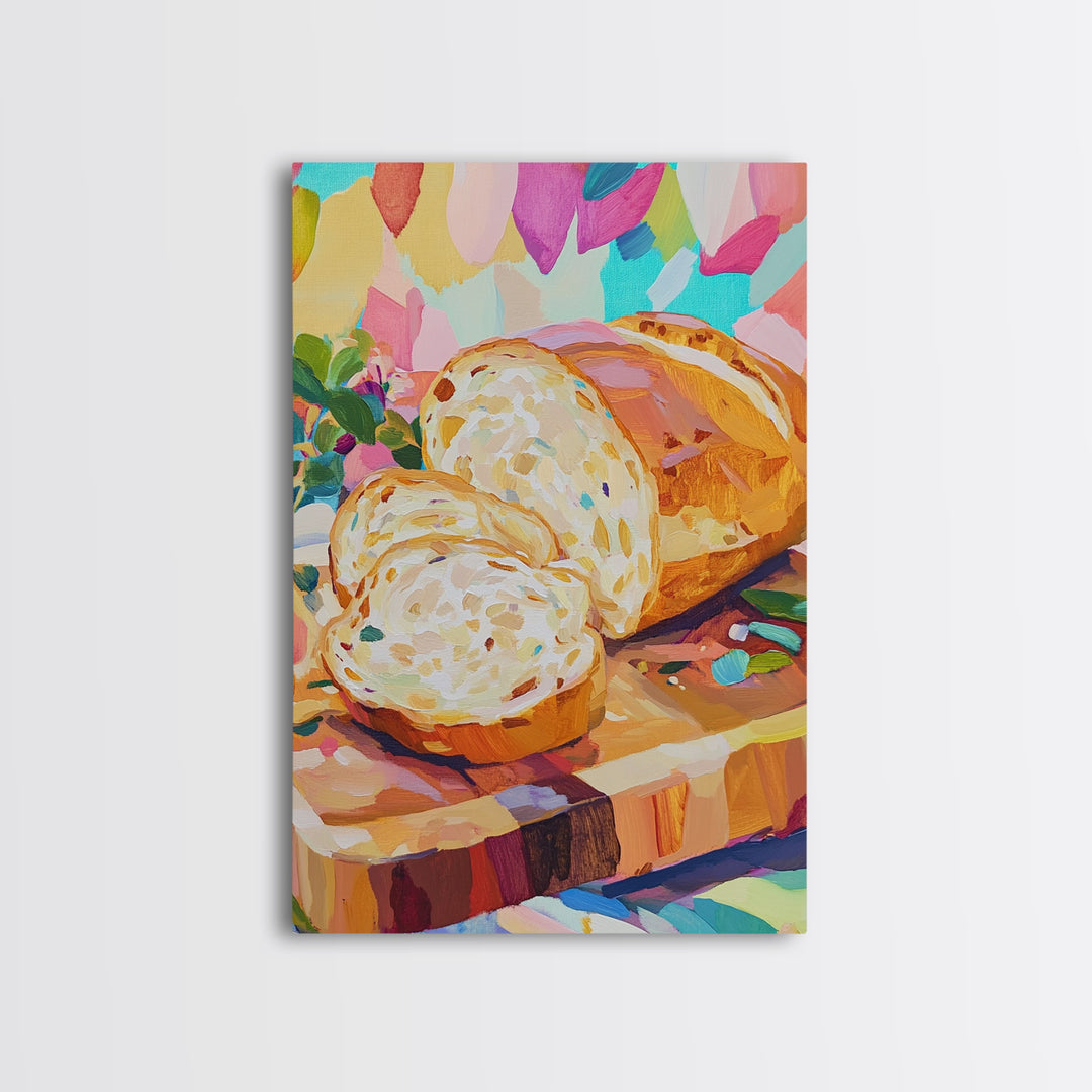 Sliced Artisan Bread On Wooden Board Canvas Print, Kitchen Wall Art, Food Illustration, Rustic Kitchen Decor, Gift For Baker