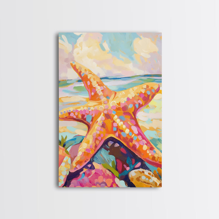 Bright Orange Starfish On Sunny Beach Wall Art, Coastal Canvas Print, Ocean Wall Decor, Beach House Gift, Tropical Art, Seaside Decor
