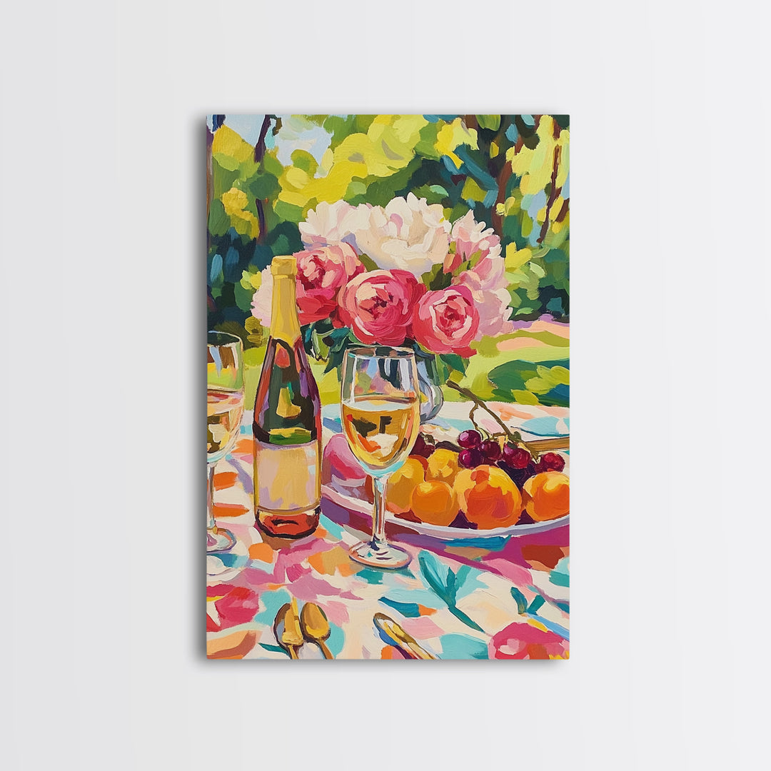 Garden Wine Still Life With Cherries Framed Canvas Print, Dining Room Wall Art, Floral Kitchen Decor, Wine Lover Gift, Hostess Gift