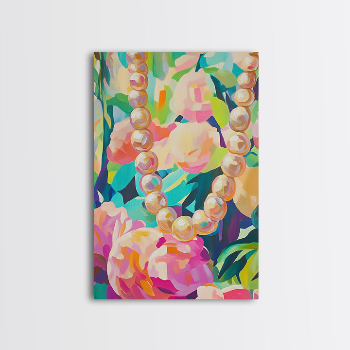 Pearl Necklace On Lush Floral Background Framed Canvas Print, Feminine Wall Art, Coquette Room Decor, Gift For Her, Romantic Bedroom Art