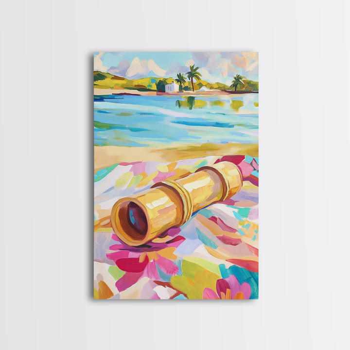 Brass Telescope On Tropical Beach Towel Wall Art, Colorful Coastal Canvas, Summer Travel Decor, Beach House Living Room Print