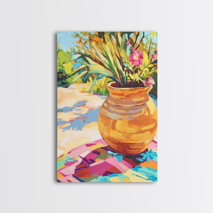 Terracotta Pot With Tropical Garden Plants Framed Canvas Print, Colorful Botanical Wall Art, Boho Patio Decor, Housewarming Gift