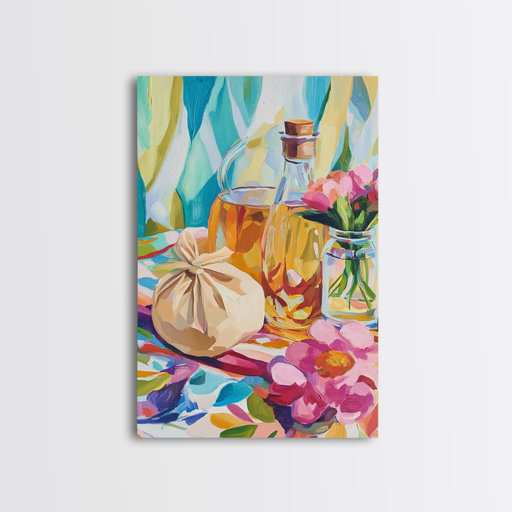 Olive Oil Bottles And Garlic Still Life Canvas Print, Colorful Kitchen Wall Art, Mediterranean Decor, Foodie Housewarming Gift
