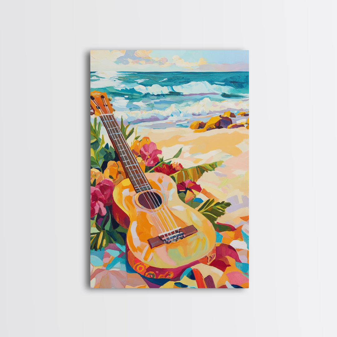 Tropical Guitar On Sunny Beach Canvas Print, Coastal Wall Art, Ocean Music Decor, Beach House Gift For Music Lover, Living Room Wall Art