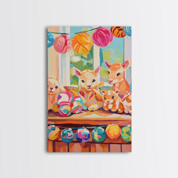 Pastel Nursery Farm Animal Toys Framed Canvas Print, Whimsical Animal Wall Art, Kids Room Decor, Baby Shower Gift, Nursery Decor