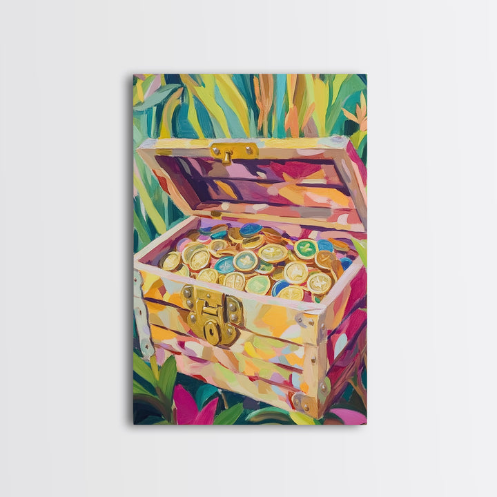 Jungle Treasure Chest Canvas Print, Gold Coin Adventure Wall Art, Tropical Home Decor, Safari Nursery Decor, Unique Gift