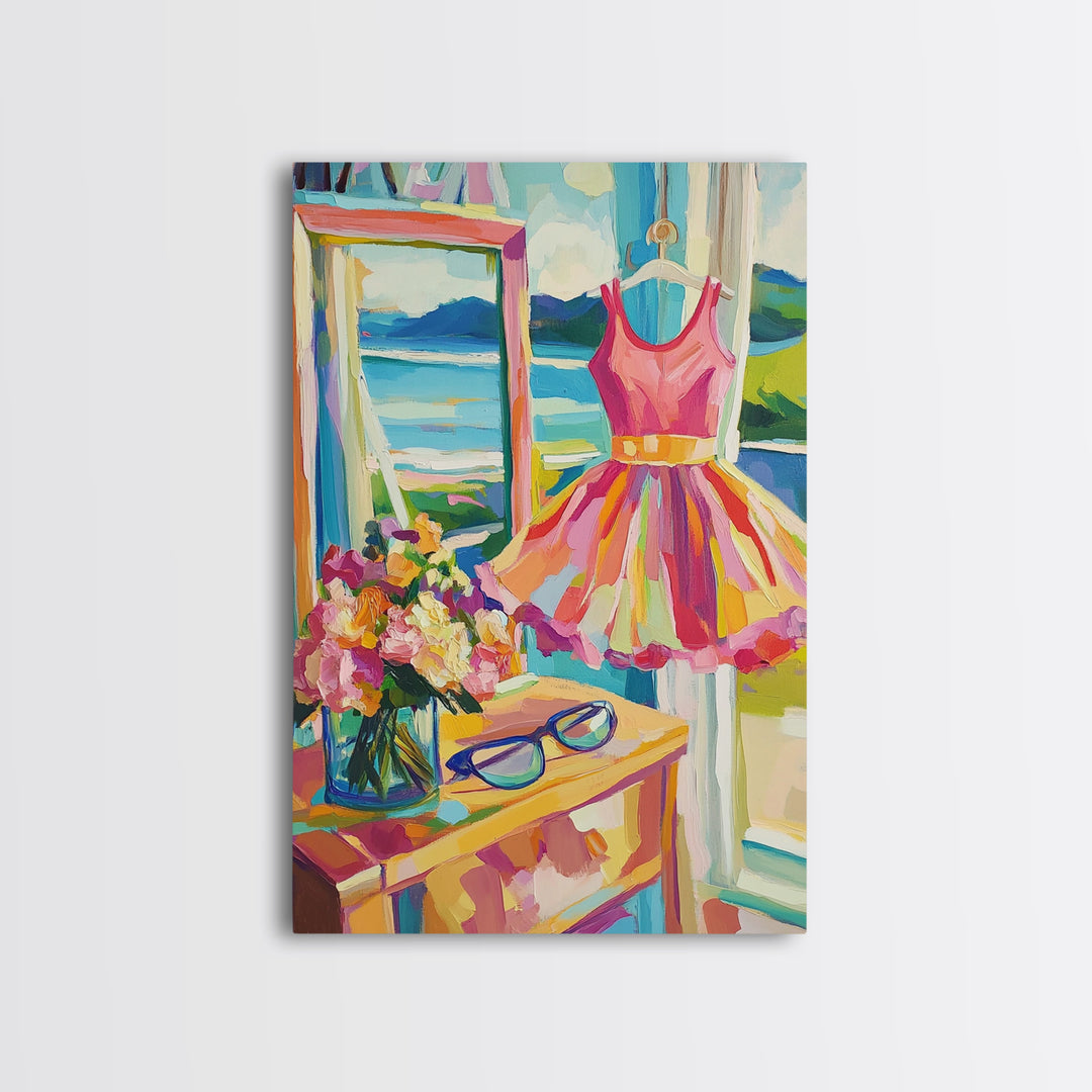 Pink Summer Dress By Lake Framed Canvas Print, Feminine Wall Art, Coastal Home Decor, Romantic Bedroom Art, Gift For Her