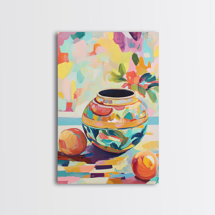 Colorful Ceramic Vase Still Life Wall Art, Fruit And Flower Canvas Print, Eclectic Home Decor, Kitchen Art, Housewarming Gift