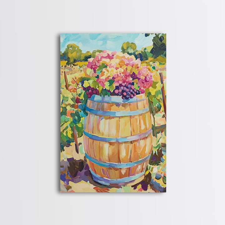 Wine Barrel With Grapes And Hydrangeas Framed Canvas Print, Vineyard Wall Art, Rustic Kitchen Decor, Wine Lover Gift, Home Decor