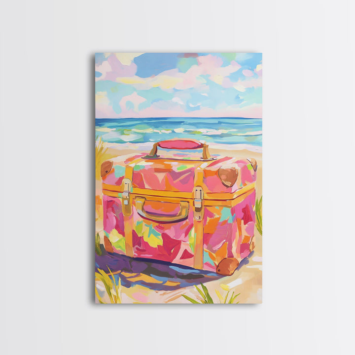 Floral Suitcase On Sunny Beach Canvas Print, Coastal Wall Art, Beach House Decor, Travel Poster, Summer Gift For Her, Ocean Wall Decor
