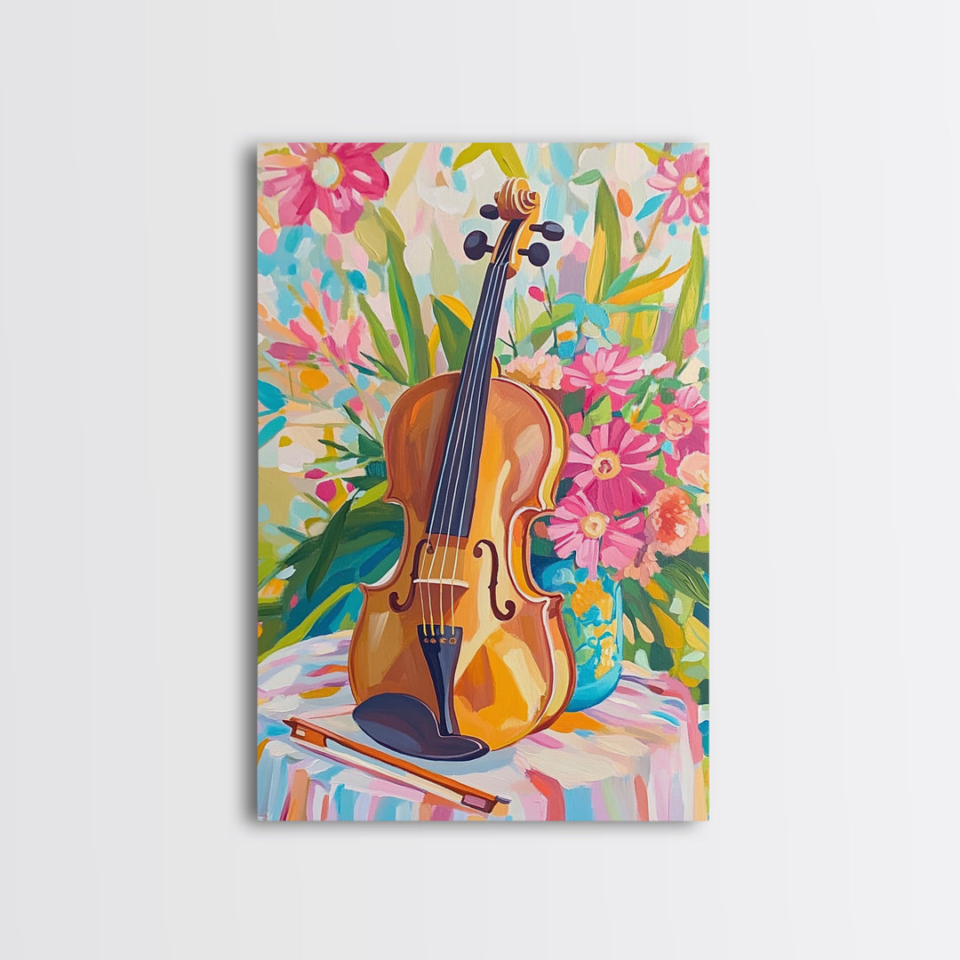 Violin With Pink Garden Flowers Framed Canvas Print, Music Wall Art, Floral Wall Decor, Gift For Music Lover, Fine Art Print