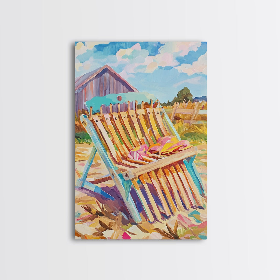 Striped Beach Chair By Rustic Barn Framed Canvas Print, Coastal Farmhouse Wall Art, Summer Patio Decor, Beach House Gift