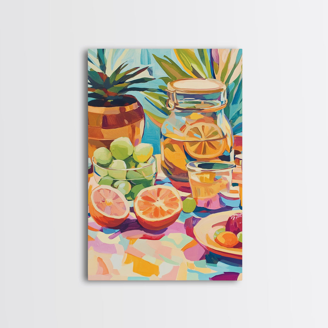 Sunlit Citrus Jar With Limes And Grapefruit Canvas Print, Colorful Kitchen Wall Art, Tropical Home Decor, Food Art Print