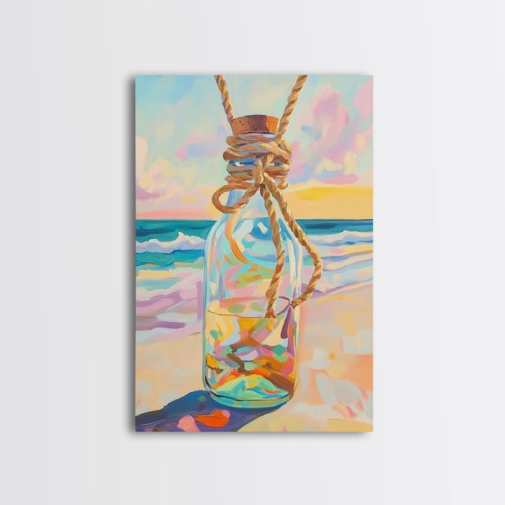 Glass Message Bottle Tied With Rope Canvas Print, Coastal Wall Art, Beach House Decor, Ocean Sunset Print, Nautical Gift