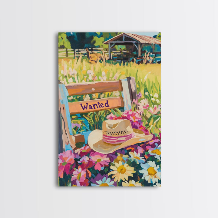 Cowboy Hat Wanted Bench Wall Art, Western Wildflower Farm Decor, Rustic Ranch Canvas Print, Country Housewarming Gift, Wall Decor