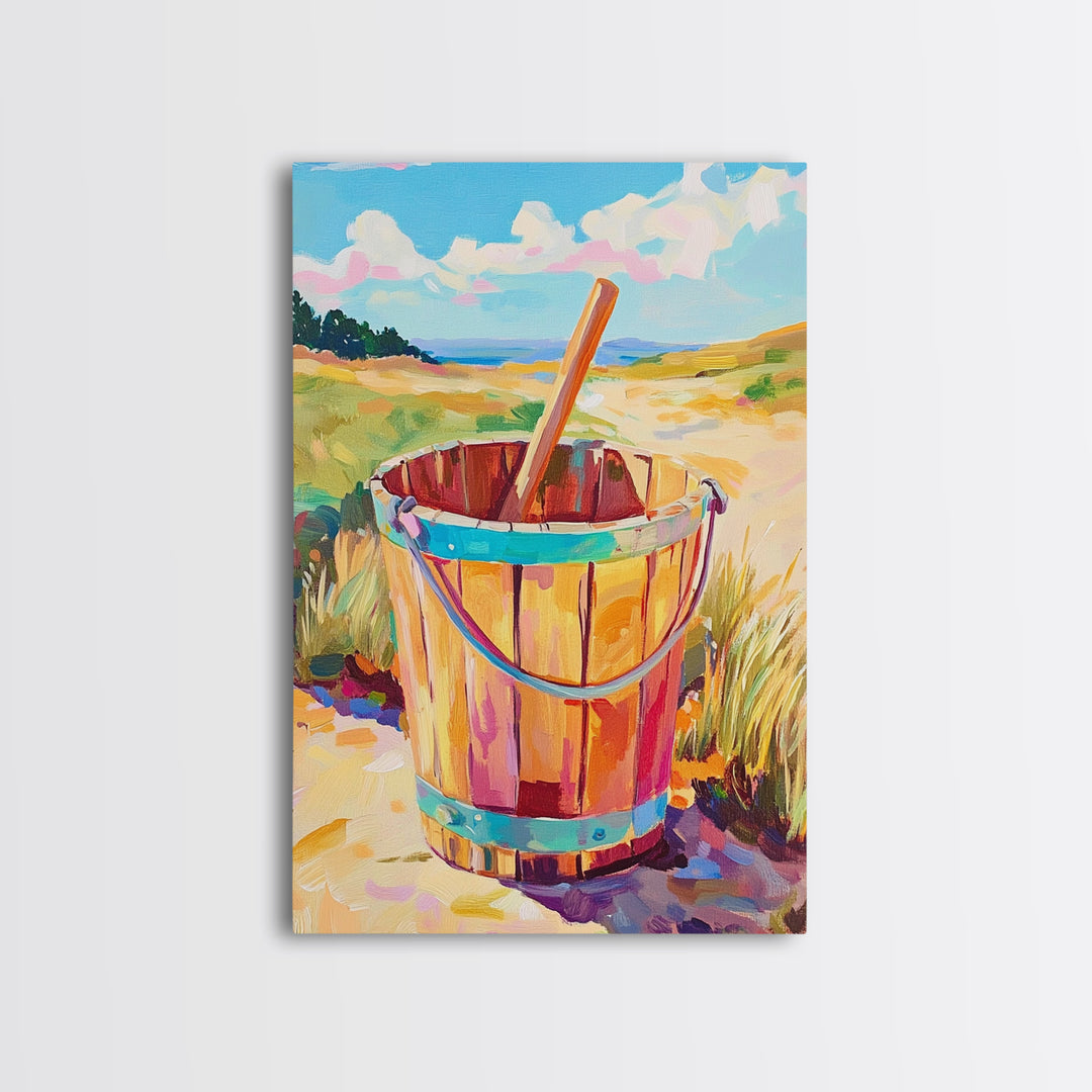 Wooden Beach Bucket And Dunes Wall Art, Coastal Canvas Print, Nautical Beach House Decor, Summer Seascape Gift, Ocean Wall Decor
