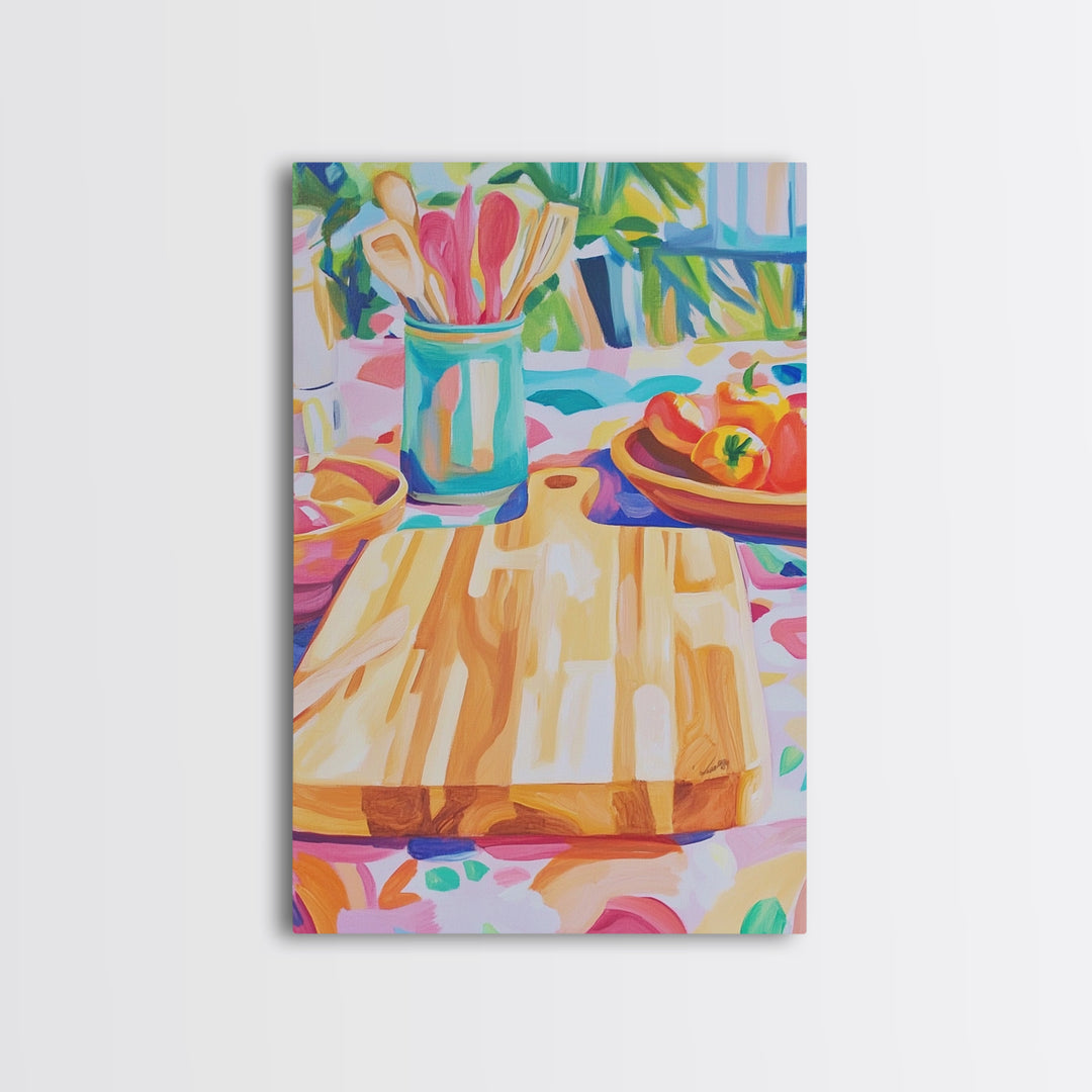 Sunlit Cutting Board Kitchen Wall Art, Colorful Tomato Still Life Canvas Print, Farmhouse Kitchen Decor, Food Lover Gift