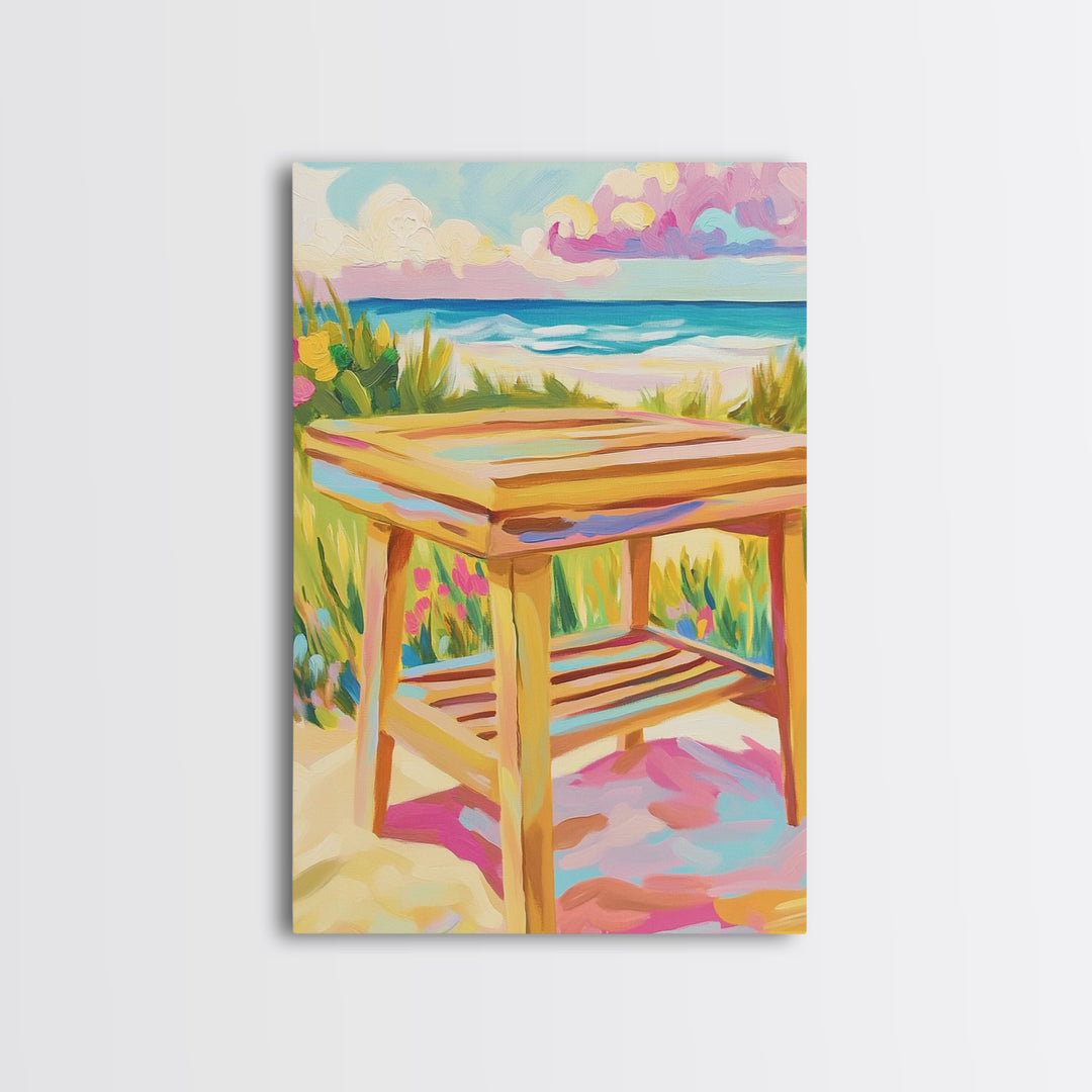 Sunny Beachside Wooden Table Canvas Print, Coastal Wall Art, Ocean Landscape Decor, Beach House Decor, Housewarming Gift