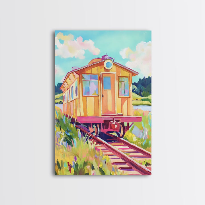 Yellow Railcar On Meadow Tracks Wall Art, Whimsical Travel Poster, Colorful Landscape Canvas Print, Eclectic Home Decor Gift
