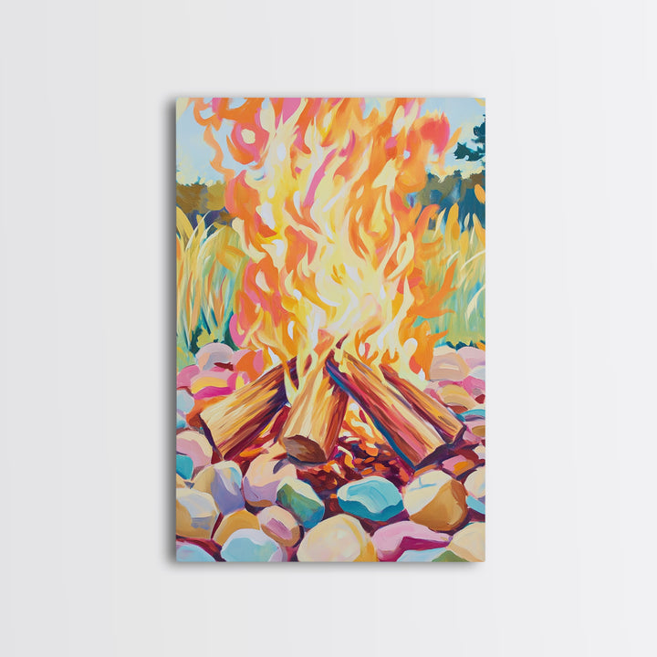Vibrant Campfire With Painted River Stones Canvas Print, Cozy Wall Art, Cabin Decor, Rustic Outdoor Home Decor Gift For Him