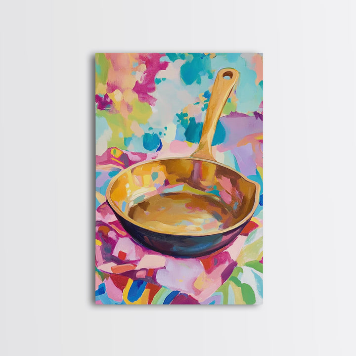 Golden Skillet Pan On Bright Cloth Canvas Print, Colorful Kitchen Wall Art, Foodie Home Decor, Housewarming Gift, Art Print
